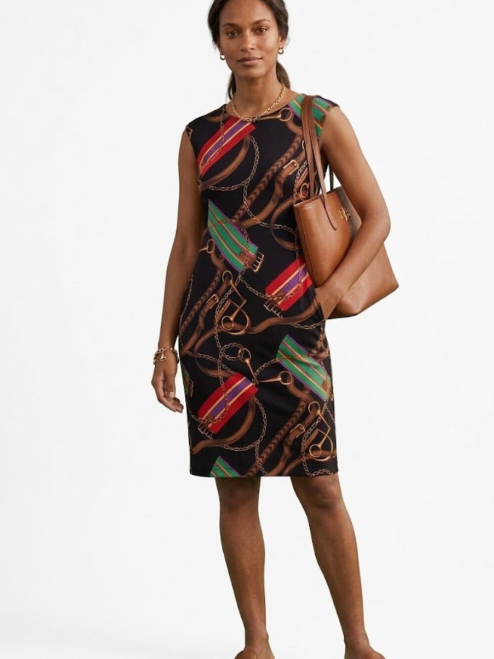 Lauren Ralph Lauren Dress Womens Medium Black Equestrian Chain Print Sheath